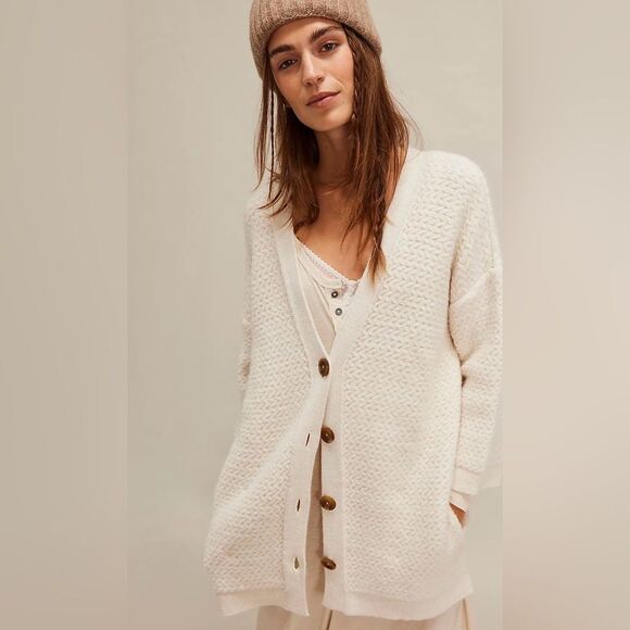 free people M Ivory Herringbone Stitch Pattern Kimono Cardigan Sweater - Picture 1 of 16